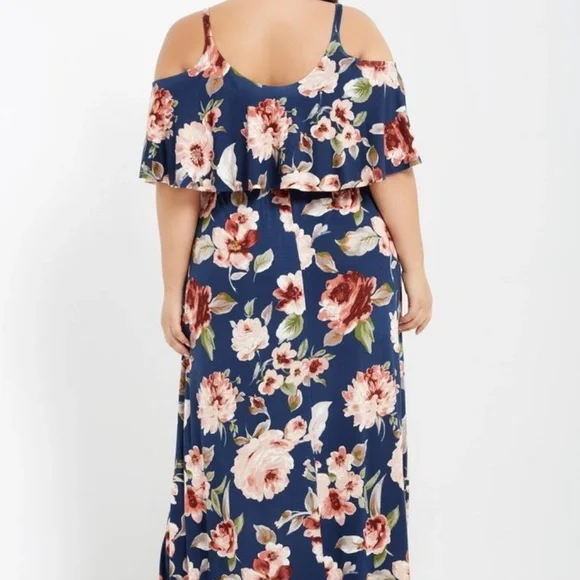 NWT Fall Floral Cold Shoulder Ruffle Maxi Dress - Picture 2 of 3